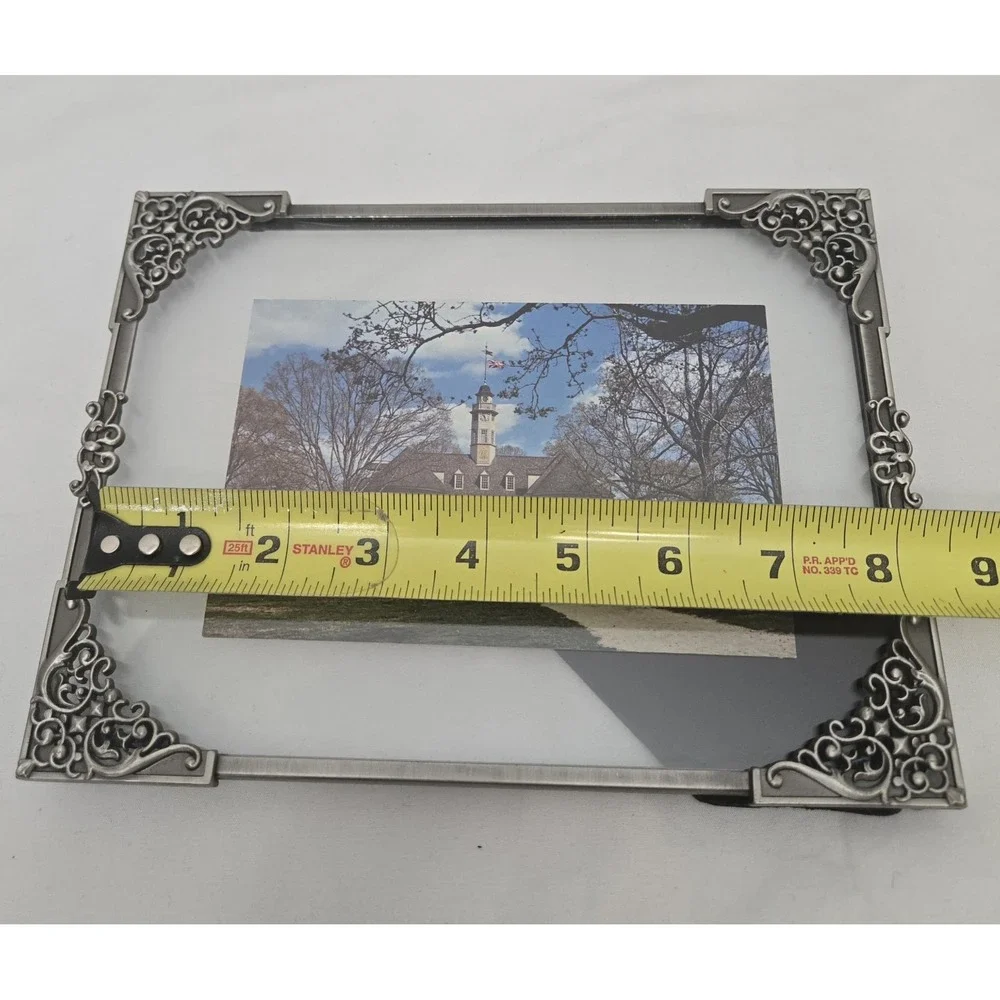 Vtg Pewter Floating Picture Frame 6x8 Glass Ornate Filigree Corner Scroll 2 Side